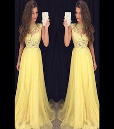 Designer See Through Corset Prom Dress with Lace Appliques Yellow Chiffon A Line High Neck Sleeveless Illusion Formal Evening Part2848211