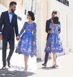 Knee Length Long Sleeves Prom Dresses Saudi Arabic Royal Blue Lace Short Party Dresses Custom Made Plus Size Evening Gowns6189580