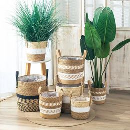Fancy Wicker Planter Basket Natural Flower Pot Home Decor Garden Bamboo Seagrass Storage Baskets Toy Holders 240430