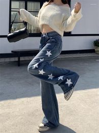 Women's Jeans Side Star Print Design Blue American Vintage High Waisted Girl Pants Female Straight Wide Leg Denim Trousers