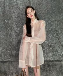 Sexy Transparent Organza Blusas MidLength Long Sleeve Shirt Blouse Spring Summer Chiffon Tops for Women with Belt7879375