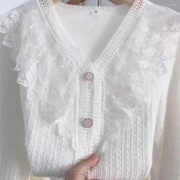 Women's Blouses Lace Shirt Spring And Autumn V-neck White Fashionable Versatile Loose Top 2024 Long Sleeved