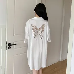 Home Clothing White Dressing Gown Women Turn-down Collar Sleepwear Lady Shirt Dress Nightgown Summer Rayon Sleepshirt Lingerie