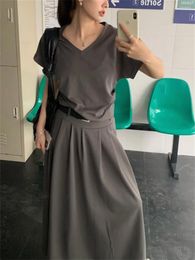 Work Dresses Alien Kitty Grey Women Suits Slim Chic Fashion Loose Daily T-Shirts Summer 2024 Short Sleeve High Waist Pleated Long Skirts
