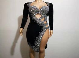 T39 Sexy women black hollow rhinestone dress crystals hip skirt elastic outfit latin dance costume party wears evening clothe dj p6193915