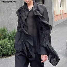 Men's Casual Shirts INCERUN Tops 2024 Handsome Ruffled Ribbon Decorative Stylish Hollow Slightly See-through Long Sleeved Blouse S-5XL