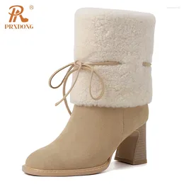 Boots PRXDONG 2024 Fashion Autumn Winter Warm Snow For Women High Heels Apricot Lace Up Dress Party Female Shoes Size 34-39