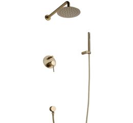 Brushed Gold Solid Brass Bathroom Shower Set Rianfall Head Shower Faucet Wall Mounted Shower Set1439561