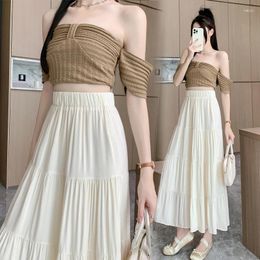 Skirts Coigarsam Women Long Skirt Spring 2024 Office Lady Korea Style Solid Knitted High Waist Black White