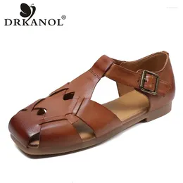 Casual Shoes DRKANOL 2024 Summer Women Flat Sandals Quality Genuine Leather Retro Woven Low Heel Comfort Roman Ladies