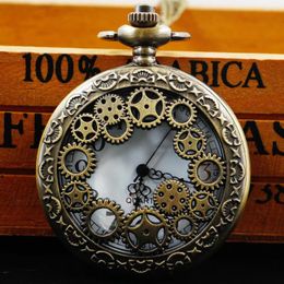 Pocket Watches Bronze Quartz Movement Watch Hollow Gear Necklace Pendant Gift With Chain Gifts For Women Or Man Fob