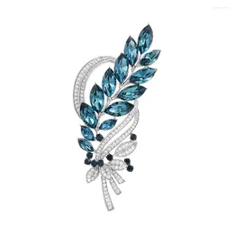 Brooches Shining Blue Glass Flower For Women Vintage Large Crystal Bouquet Geometric Leaf Feather Lapel Pin Party Jewelry