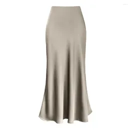 Skirts Women High Waist Skirt Elegant Faux Silk Satin For Fishtail A-line Styles Solid Color Glossy Office Lady