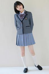 Work Dresses Korean Version Of The Girls School Uniform 7-piece High Plaid Mini Skirt Suit Jacket Student Grey