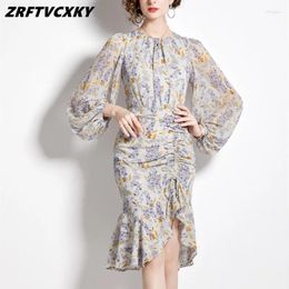 Casual Dresses ZRFTVCXKY Runway Vintage Printing Mermaid For Women Autumn Elegant Design Lantern Sleeve Shirring Holidays Dress