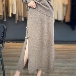 Skirts Women Wool Skirt Autumn Winter Ankle-length Vent High Waisted Cashmere End Thick A-Line Knit Wild Base