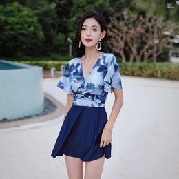 Women's Swimwear One Piece Women Swimsuit Beachwear Printed Bathing Suit Push Up Short Sleeve With Skirt 2024 V Neck Swim Dress