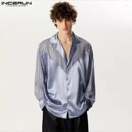 Men's Casual Shirts 2024 Men Shirt Mesh Patchwork Sequins Shiny Lapel Long Sleeve Streetwear Clothing Transparent Fashion Camisas S-5XL