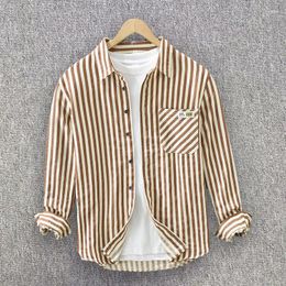 Men's Casual Shirts Vertical Stripe Long Sleeve Shirt For 2024 Spring Fashion Simple Cotton Polo Collar Rash Handsome Tops