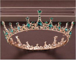 Vintage Baroque Green Crystal Round Queen Crown Wedding Tiara Bridal Diadem Gold Colour Headpiece Dress Wedding Hair Acc jllYkB5515584