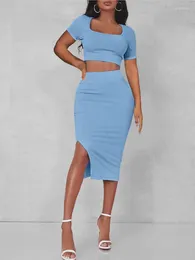 Work Dresses Slim Skirts Two Piece Set Women Solid Color Short Sleeves Cropped Tops Bodycon Slit Sets Ladies Fashion Summer Suits
