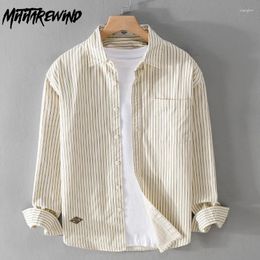 Men's Casual Shirts Japanese Style Long Sleeve Shirt Men Pure Cotton Lapel Collar Striped Button Up Loose Spring Simple Tops