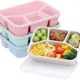 Plates 4 Pcs Compartment Lunch Box Wheat Straw Tableware Leak-proof Storage For Kids School Office Microwave Bento