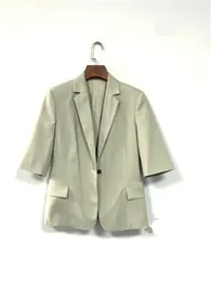 Women's Suits Wool Blend Mid Sleeve Blazer 2024 Summer Female Shoulder Padded Single Button Commuter Jacket