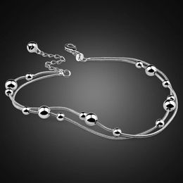 Fashion simple Double Chain Anklets 100% 925 Sterling silver Women Bell Anklets 27cm Summer sandals barefoot Jewellery gift 240511