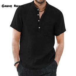 Summer Mens Short Sleeve Solid Colour T Shirts Linen Loose Cotton Lapel Pockets Tops 5XL 240423