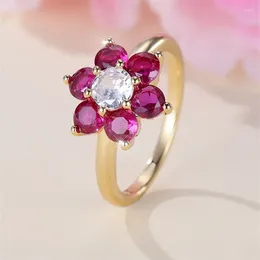 Cluster Rings Charm Cherry Flower For Women Rose Red Stone Cocktail Ring Wedding Bands Antique Gold Colour CZ Engagement Party Jewellery