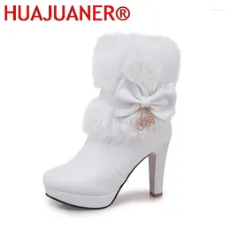 Boots 2024 Fashion Womens Winter High Heel Pink White Black Fur Tassel Bowtie Lovely Lolita Ladies Party Wedding Shoes