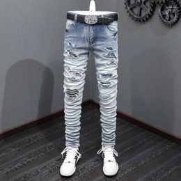 Men's Jeans Street Fashion Men Retro Washed Blue Elastic Stretch Skinny Fit Hole Ripped Patched Designer Hip Hop Brand Pants