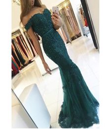 Dark Green Mermaid Prom Dresses Off the Shoulder Sweetheart Applique Beaded Lace Open Back Formal Evening Gowns Custom Made2658124