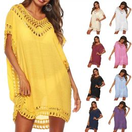 Woman Beach Cover Up Dress Fringe Tunic Yellow Beachwear 2024 Summer Women Tassel Bathing Suit Cover-Ups Pareos Strand Jurkjes