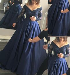 Navy Blue Satin African Prom Dresses Off The Shoulder Appliqued Lace Long Sleeve Formal Party Gowns Sexy Arabic Prom Dress Vestido1909474