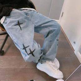 Mens Straight Slacks Korean Fashion Baggy Jeans Hip Hop Loose Wide-leg Pants Elastic Waist Student Denim Trousers 240426