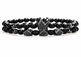 Crown Charm Bracelet 6mm Black Round Natural Stone Beads Cubic Micro Pave CZ Women Gold Bracelet Men Pulseira Bileklik5139959