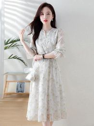 Casual Dresses Korean Fashion V-neck Floral Print Women Button Dress 2024 Autumn Vintage Slim Elegant Party Fairy Long Bohemian Trend