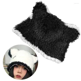 Berets Women Winter Warm Furry Bucket Hat Bear Ears Decoration Beanie Thickened Fuzzy Plush Colorblock