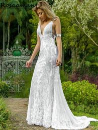 Bohemian V-Neck Backless Wedding Dresses Mermaid Sleeveless Appliques Lace Bridal Gown