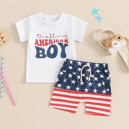 Clothing Sets FOCUSNORM 0-4Y 4th Of July Toddler Boys Clothes Letter Print Short Sleeve T-Shirts Stripe Star Elastic Waist Shorts