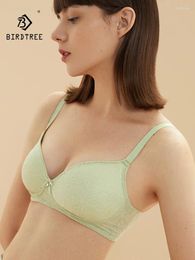 Bras BirdTree Lining Mulberry Silk Gather Bra Women Lace Wire Free Sexy Breathable Comfortable Underwear 2024 Summer P42861QC