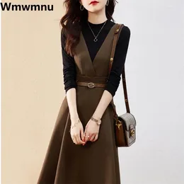 Work Dresses Vintage Slim Tank Dress 2 Piece Set Black Knitted Pullover Belt Midi Sleeveless Vestido Conjuntos Fall Winter Outfits