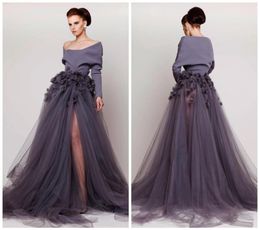 Off Shoulder Red Carpet Dress Hand Made Flower Long Sleeve Side Split Tulle Evening Dresses Azzi Osta Fashion Sexy Sweep Train P8943460