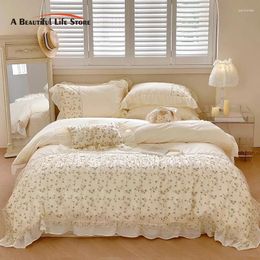 Bedding Sets Pure Cotton French Princess Style Floral Lace Ruffles Imitation Pearls Decorate Set Duvet Cover Bed Sheet Pillowcase