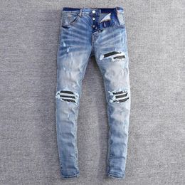 Men's Jeans High Street Fashion Men Retro Blue Stretch Skinny Fit Ripped Black Leather Patched Designer Hip Hop Brand Pant