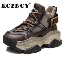 Boots Koznoy 7cm Ankle Genuine Leather Platform Autumn Winter Mid Calf Mixed Color Women Ethnic Fashion Lady Chunky Heels Shoes