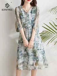 Party Dresses Birdtree Mulberry Silk Ink Printing Elegant Women's V-Neck OL Chic Dress 2024 Spring Summer D41369QC