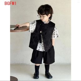 Clothing Sets Boys' Vest Button Shirt Shorts 3 Pieces Summer Suits Chinese Traditional 2024 Fashion Handsome Children's Set